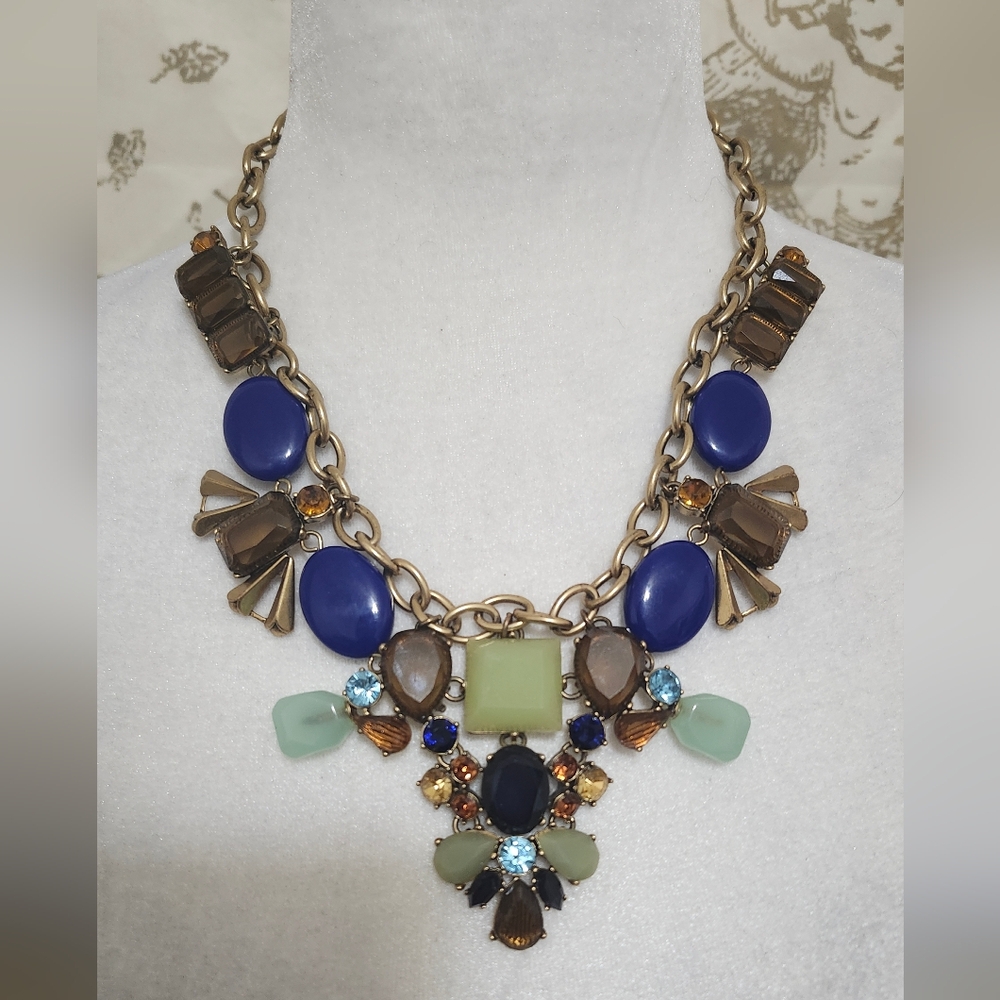 J. Crew Statement blue green and brow Necklace with Rhinestone Detail